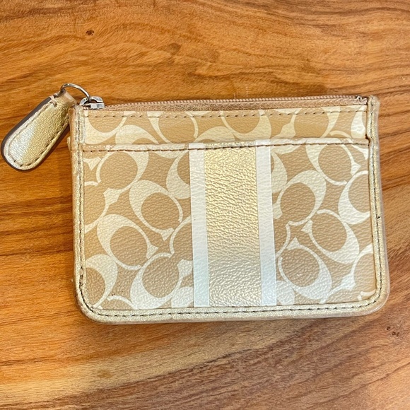 Coach Signature Logo Stripe Coin Purse Pouch Key Chain Change Gold Tan Wallet - - Picture 14 of 14